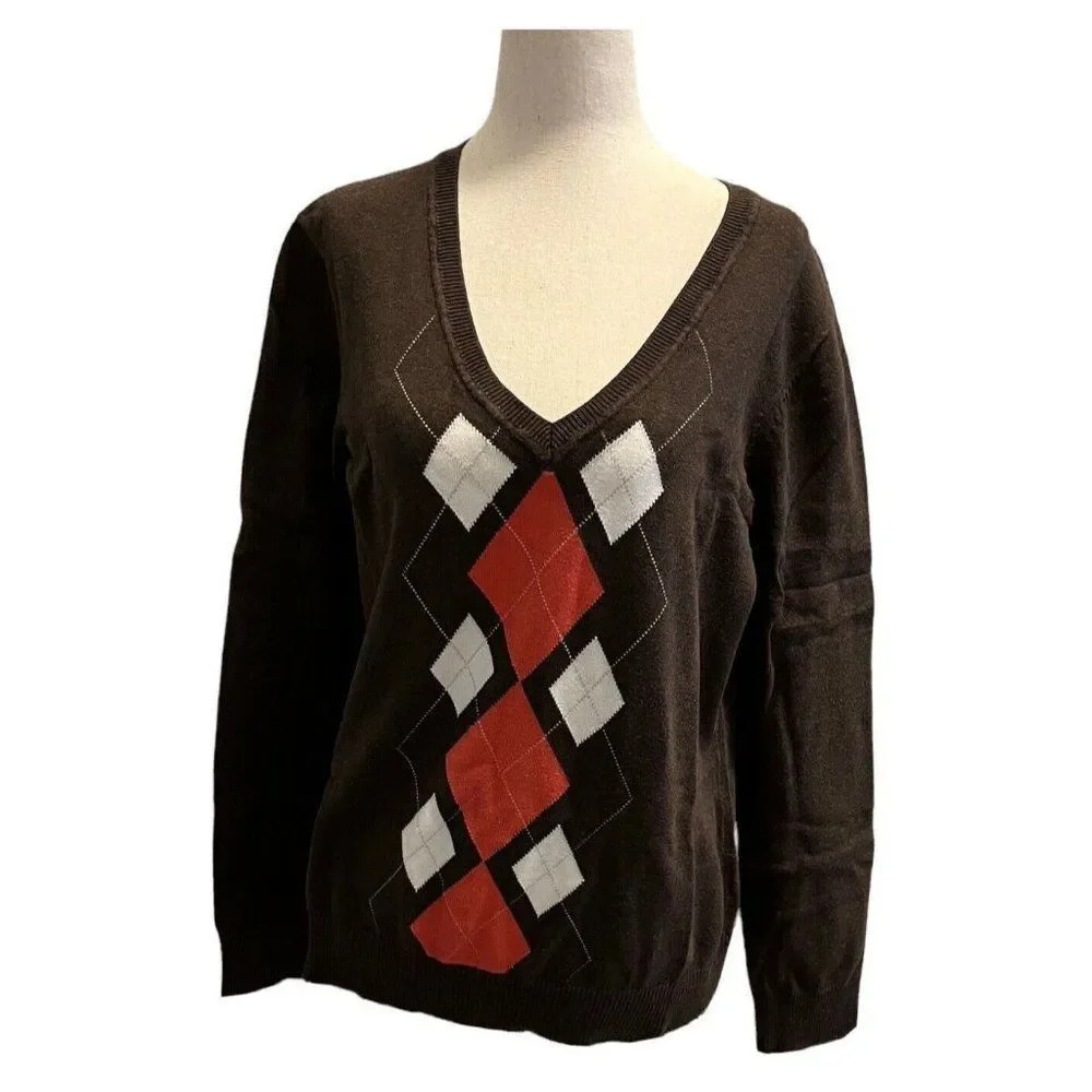 Bass Heritage Collection Womens Size Large Brown Orange Argyle Cotton Sweater